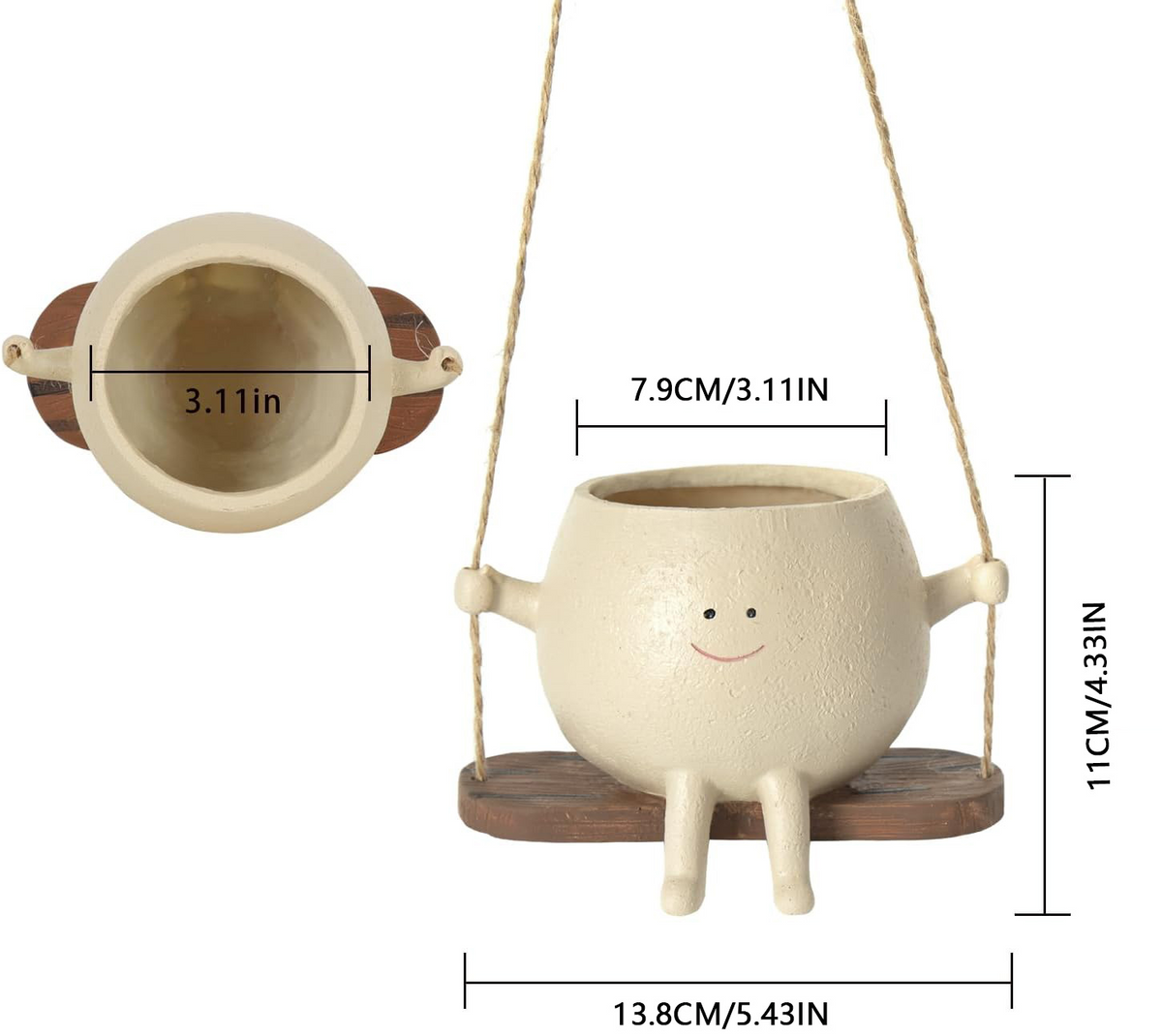 Miniko Swing Time planter dimensions: 7.9 cm opening, 11 cm tall, 13.8 cm wide swing
